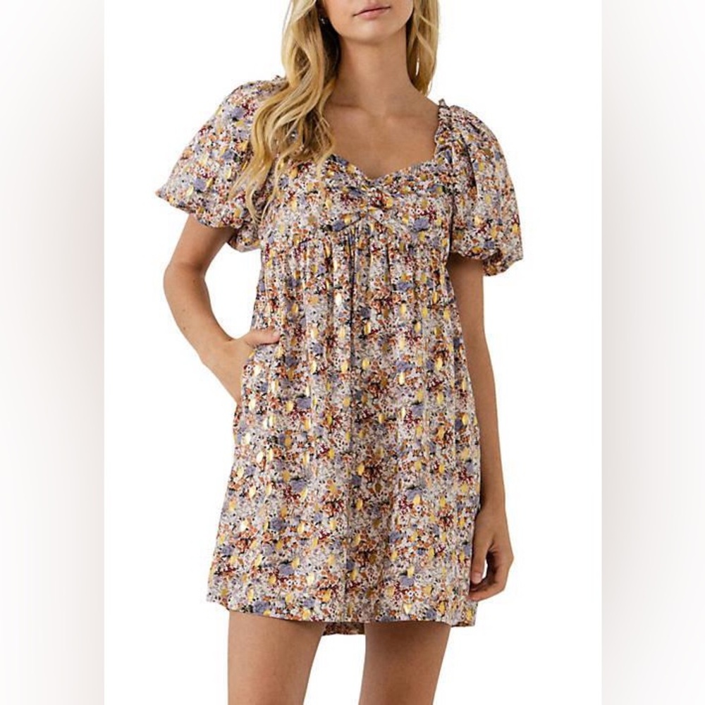 Free the Roses Women's Floral with Gold Print Leaves, Babydoll Dress, Small